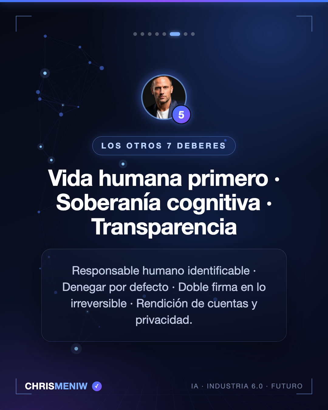 Los otros 7 deberes de los agentes de IA: vida humana, soberanía cognitiva, transparencia, doble firma — Chris Meniw